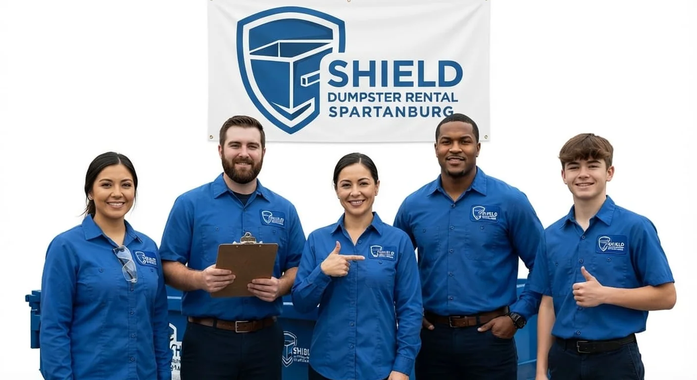 Shield Dumpster Rental Spartanburg team The Shield Dumpster Rental Spartanburg crew standing together at the yard in front of a roll-off dumpster